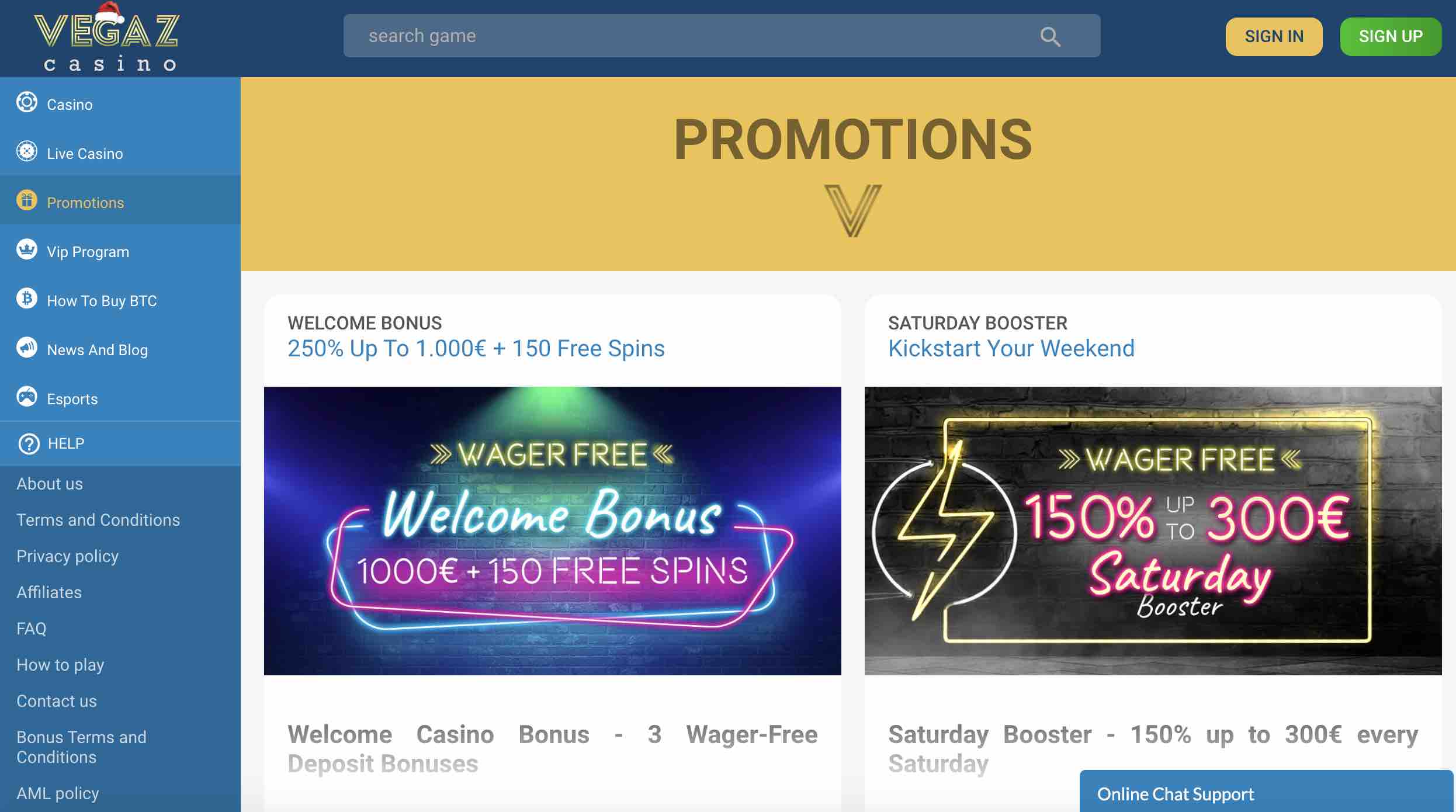 Welcome Bonus at Vegaz Casino