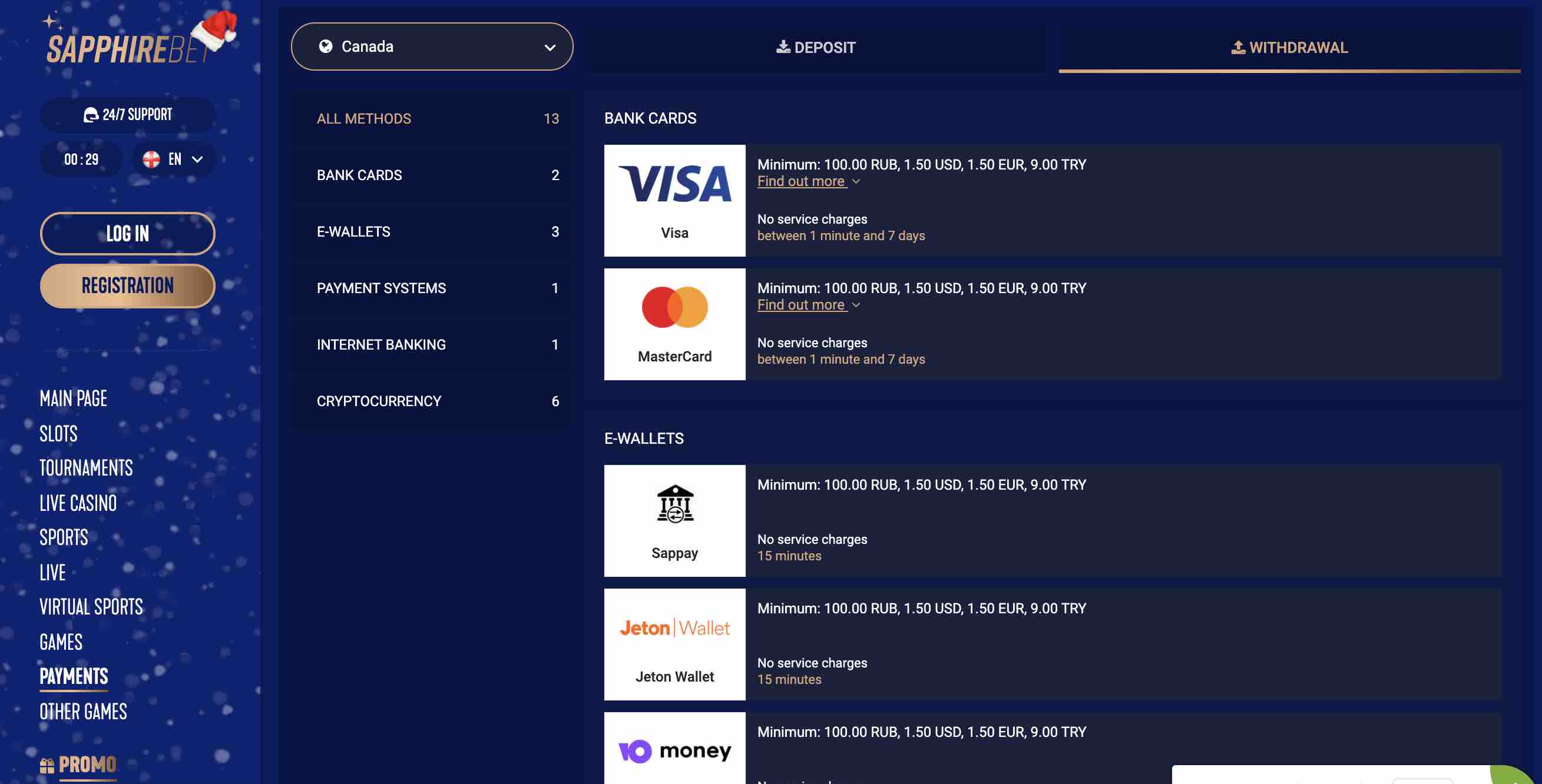 Payment Options at Sapphire Bet