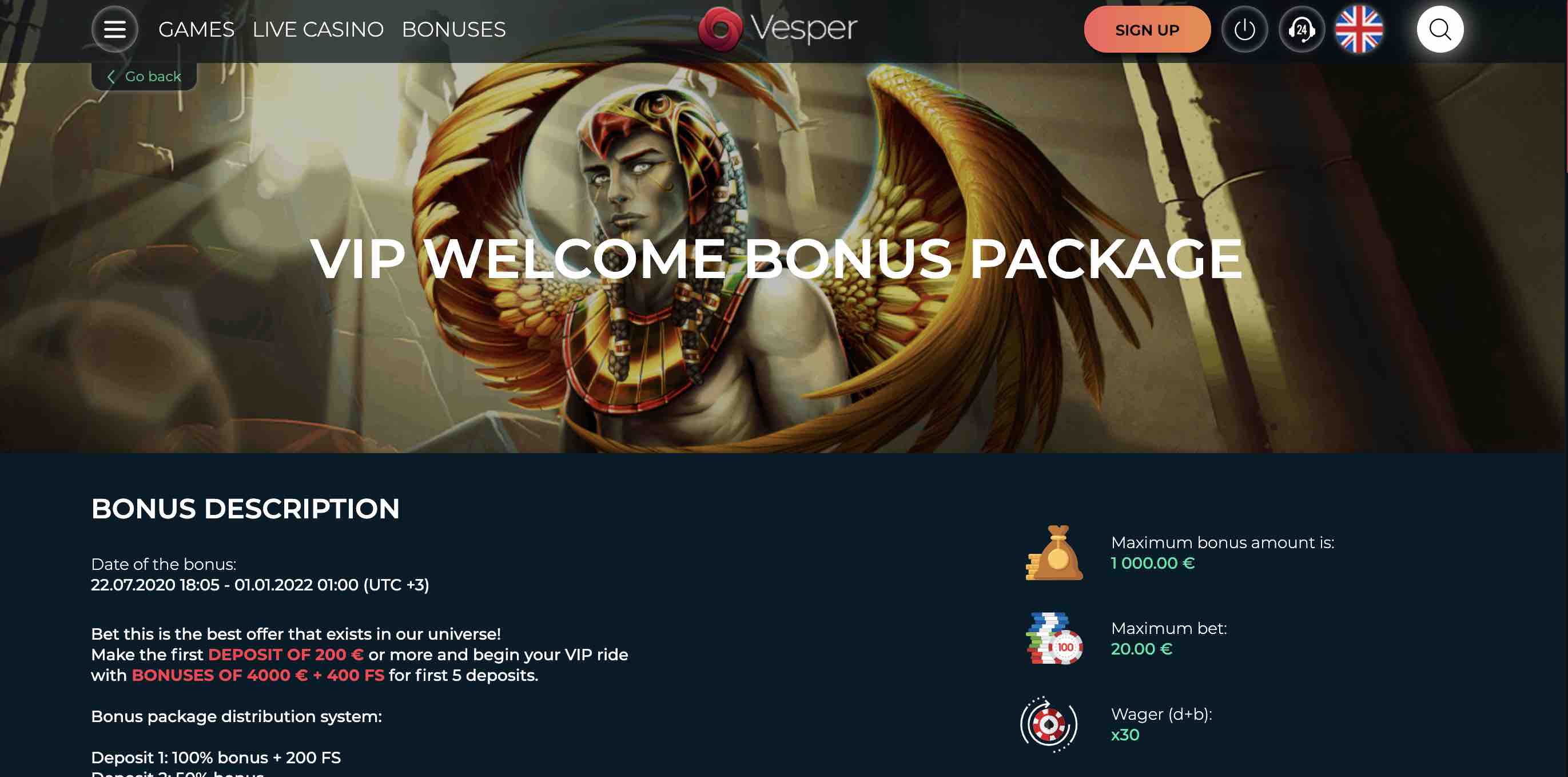 Welcome Bonus at VesperCasino