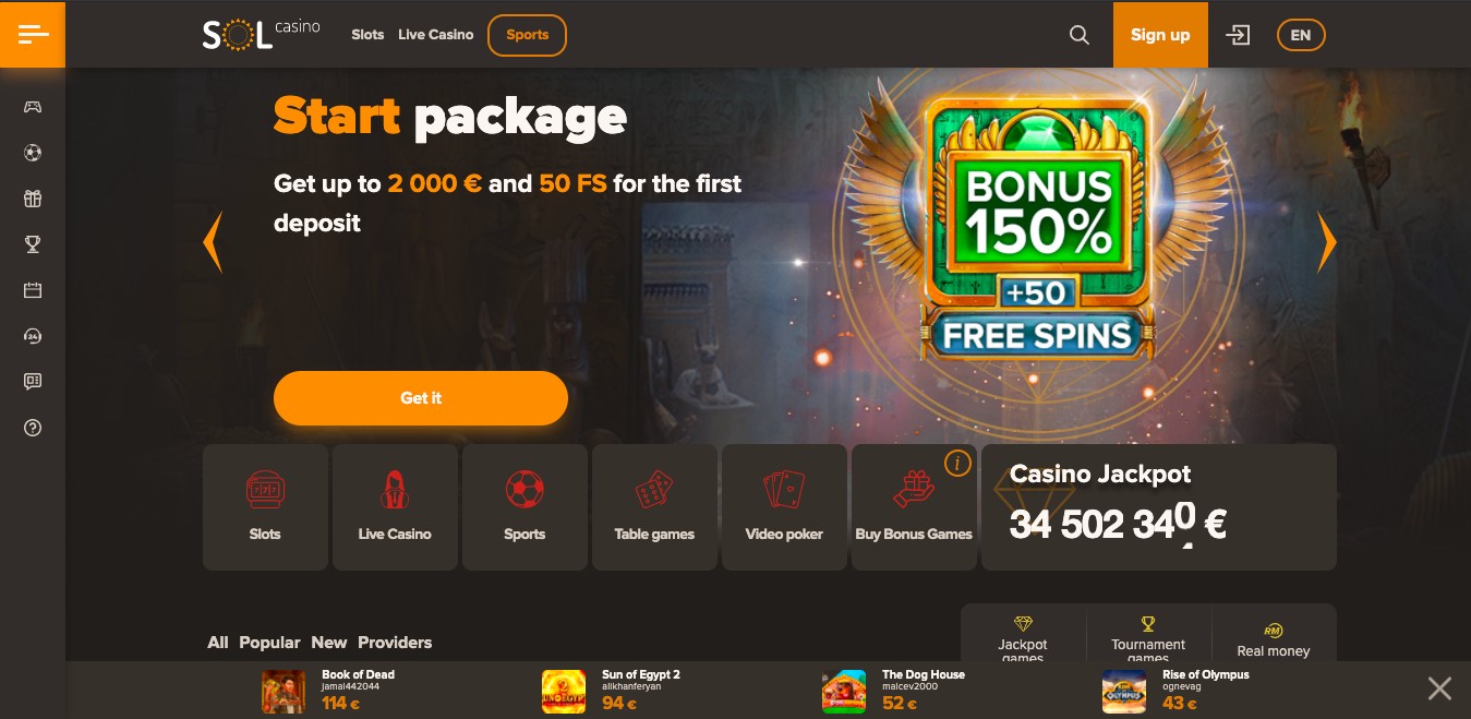 Sol Casino welcome page