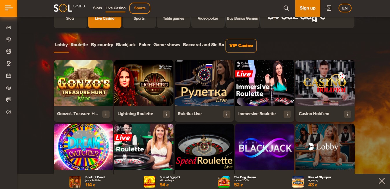 Sol Casino live casino